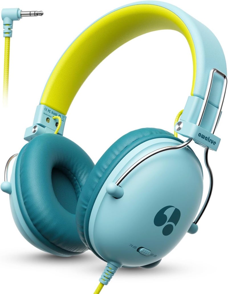 awatrue Kids Headphones for School, 74/85dB Safe Volume Limit, Stereo Sound, Wired On-Ear Headphones for Kids Boys Girls, 3.5mm Jack for Tablet, iPad, Kindle, YOTO Player, Airplane Travel, Green - Image 1